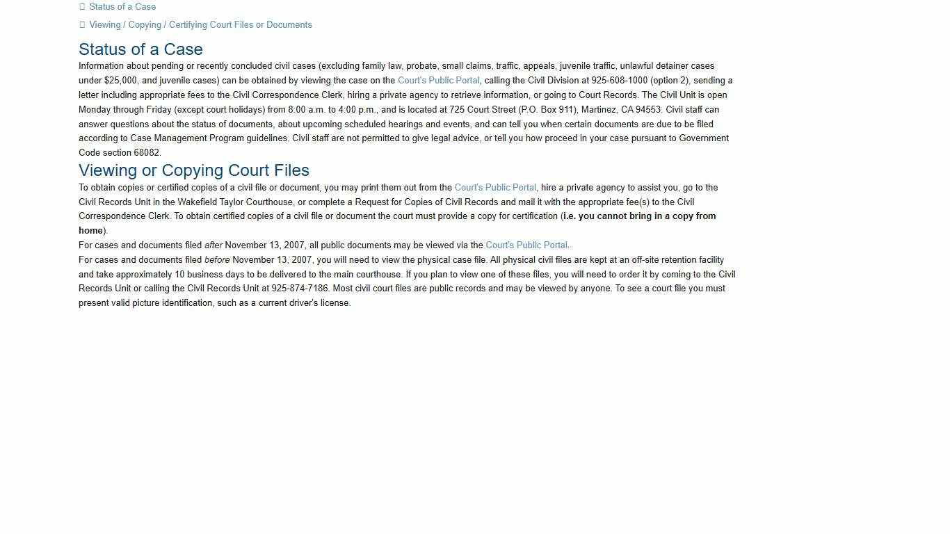 Civil Obtain Status/Copies of Cases: Contra Costa Superior Court